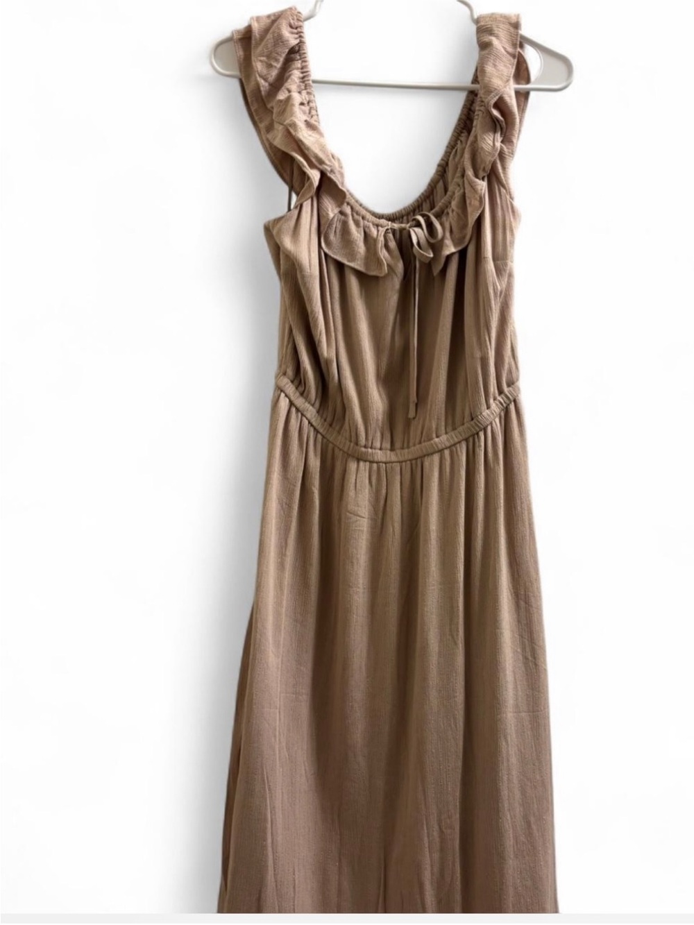 INC Sleeveless Ruffle-Neck Midi Dress in Tan and subtle metallic gold threads - Picture 3 of 6